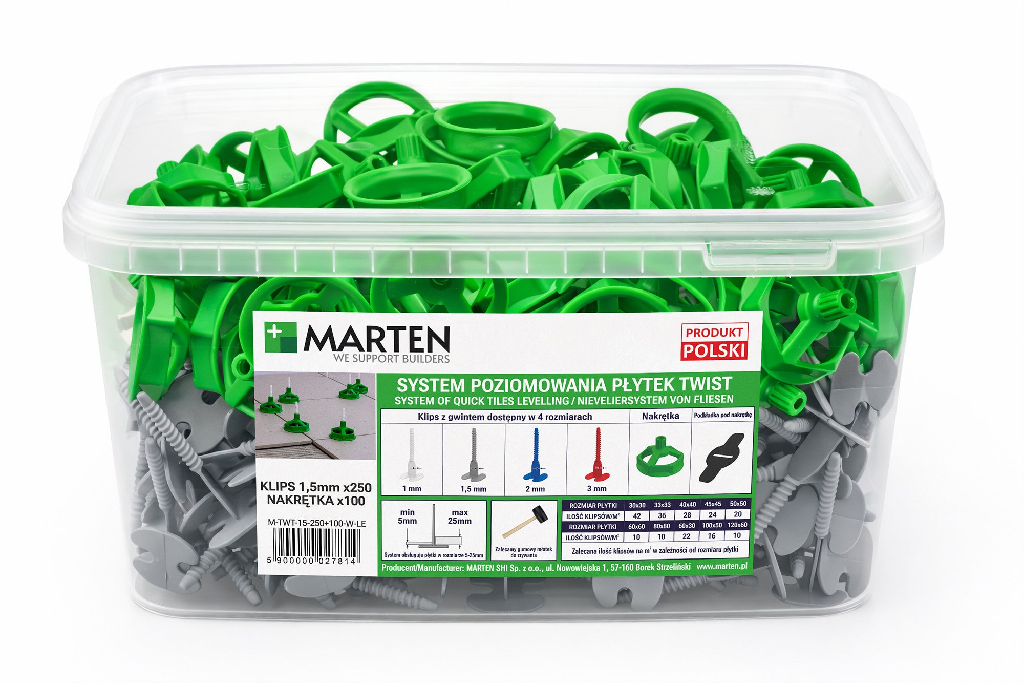 Marten system poziomowania Twist Gwint 1,5 mm 250 sztuk + nakrętka 100 sztuk 