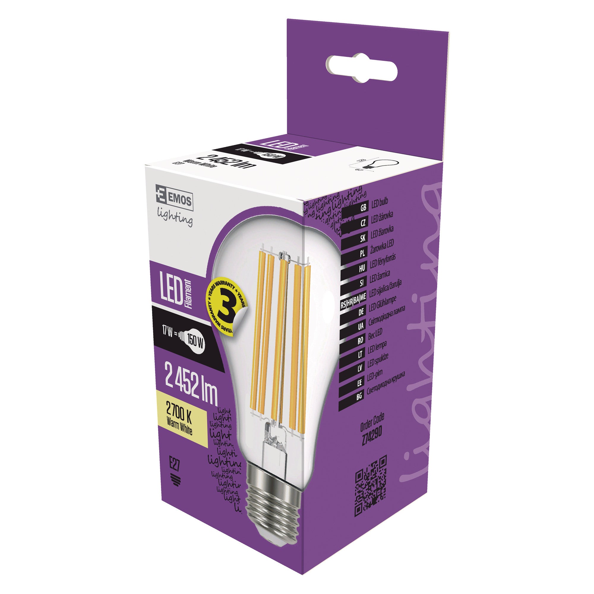 Żarówka LED E27 filament A60 17W 2452lm2700K