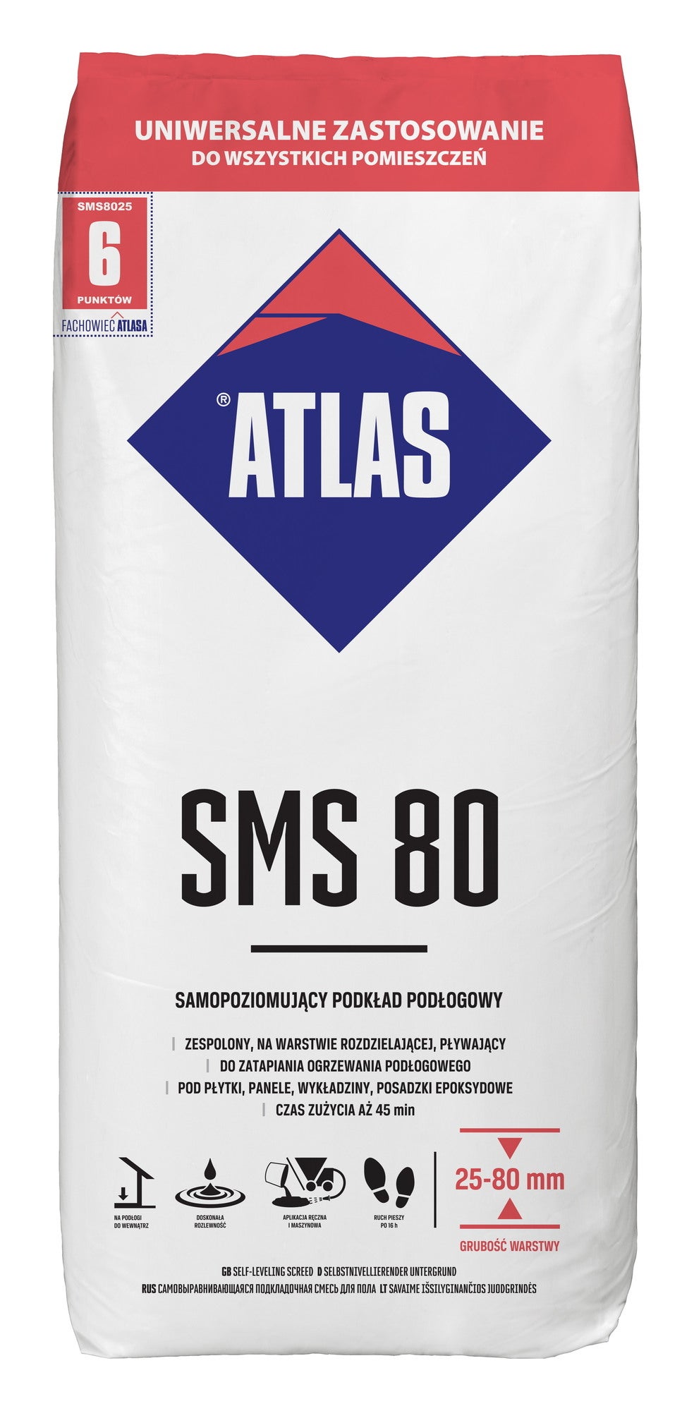 Podkład podłogowy Atlas SMS 80, CT-C20-F5 25 kg, samopoziomujący, 25-80 mm 0
