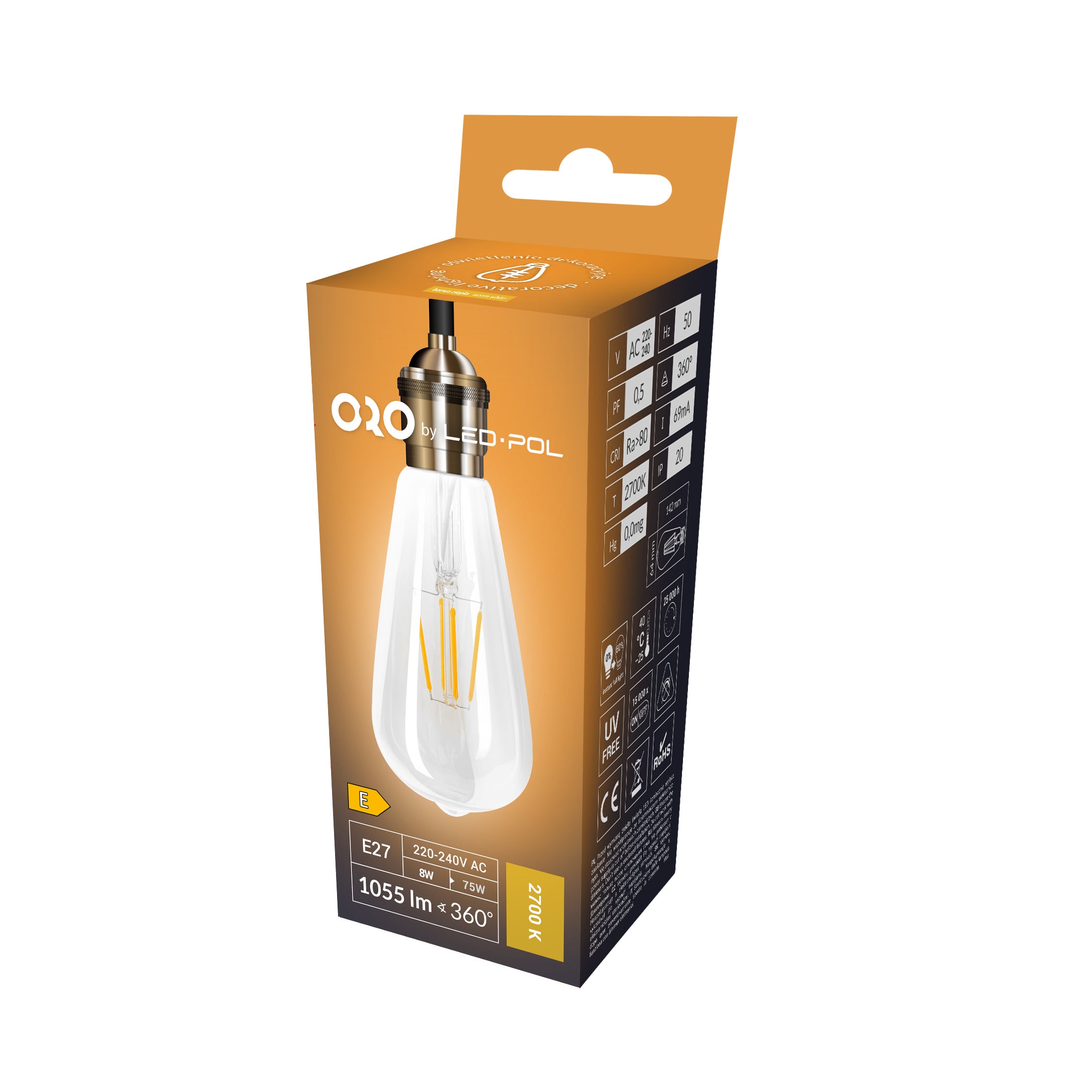 Żarówka LED E27 filament ST64 8W 1055lm 2700K 2