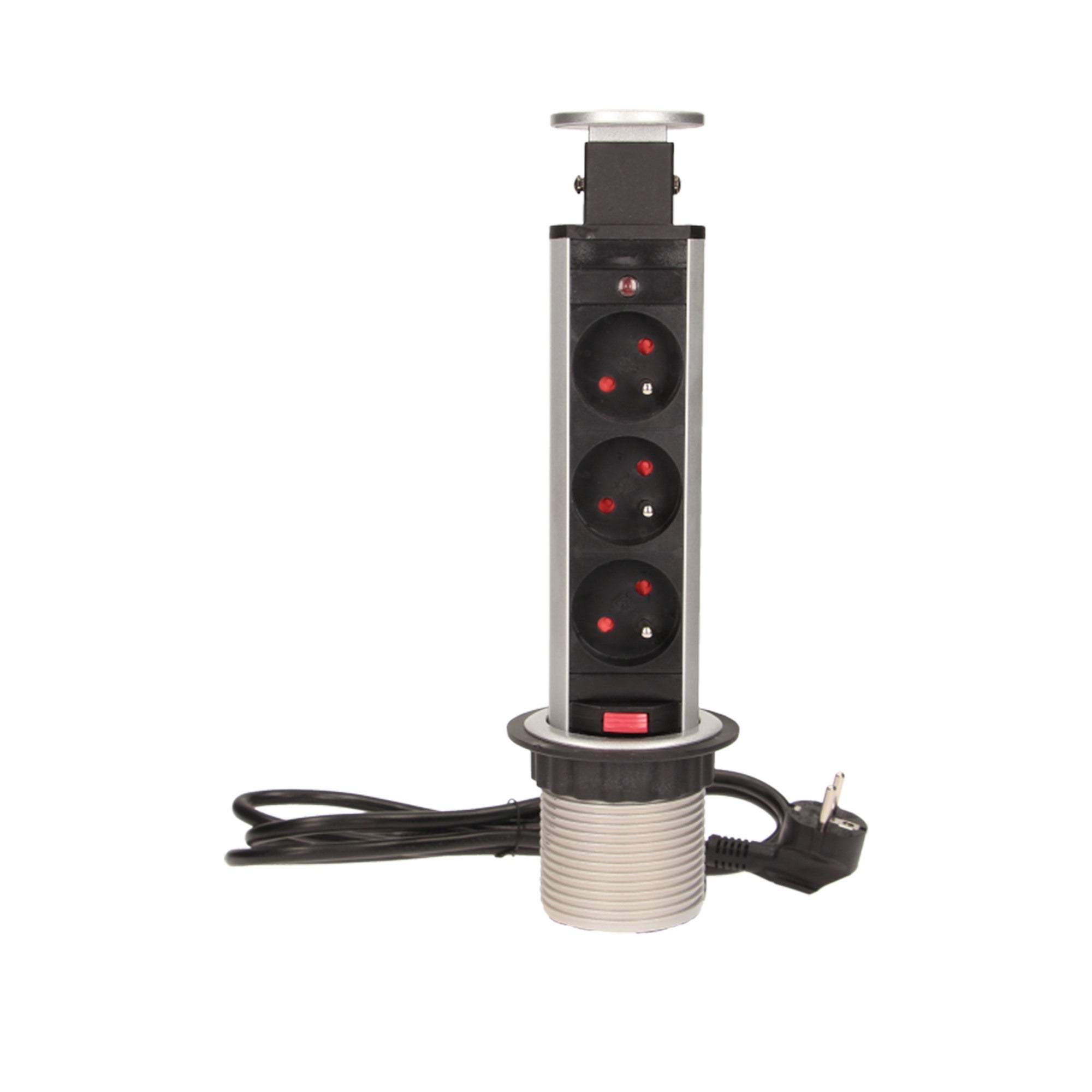 Gniazdo meblowe wpuszczane potrójne z uziemnieniem srebrne, przewód 1,8cm 1