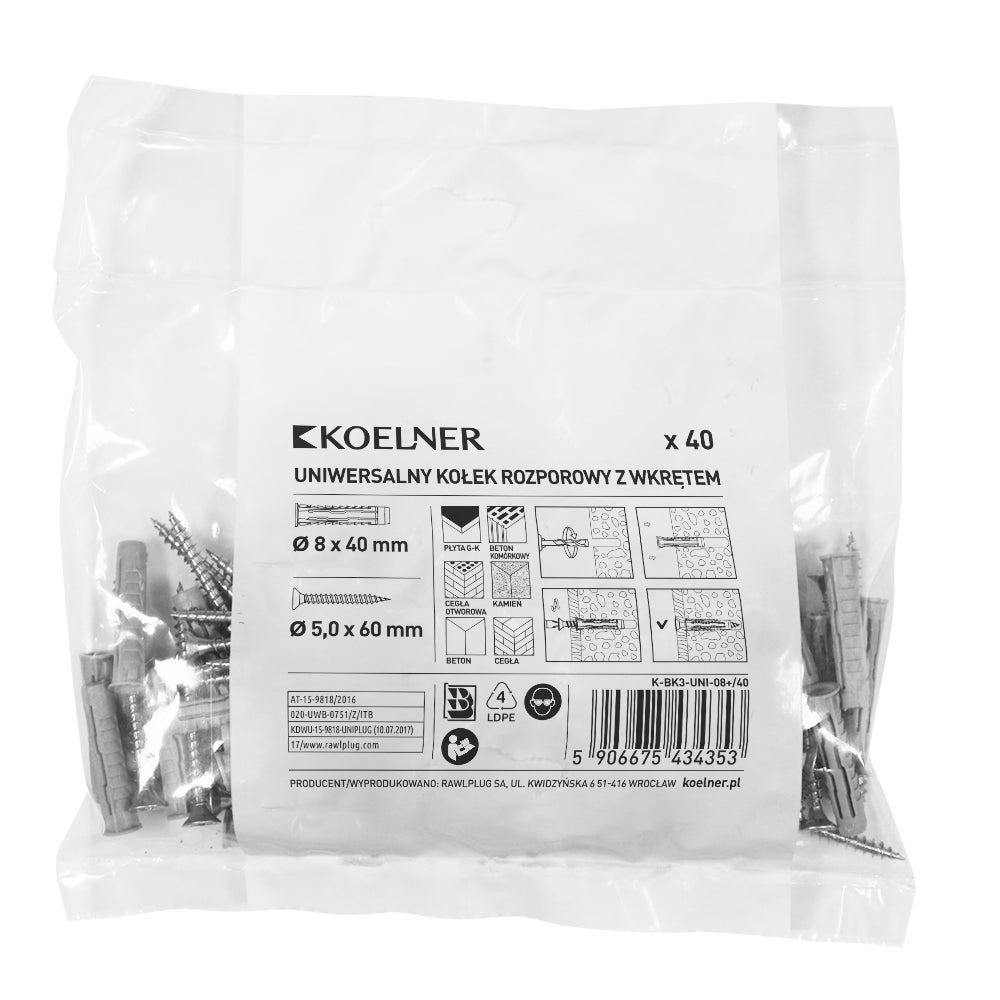 Kołek uniwersalny UNIPLUG 8x40 mm z wkrętem (40 szt.)  1