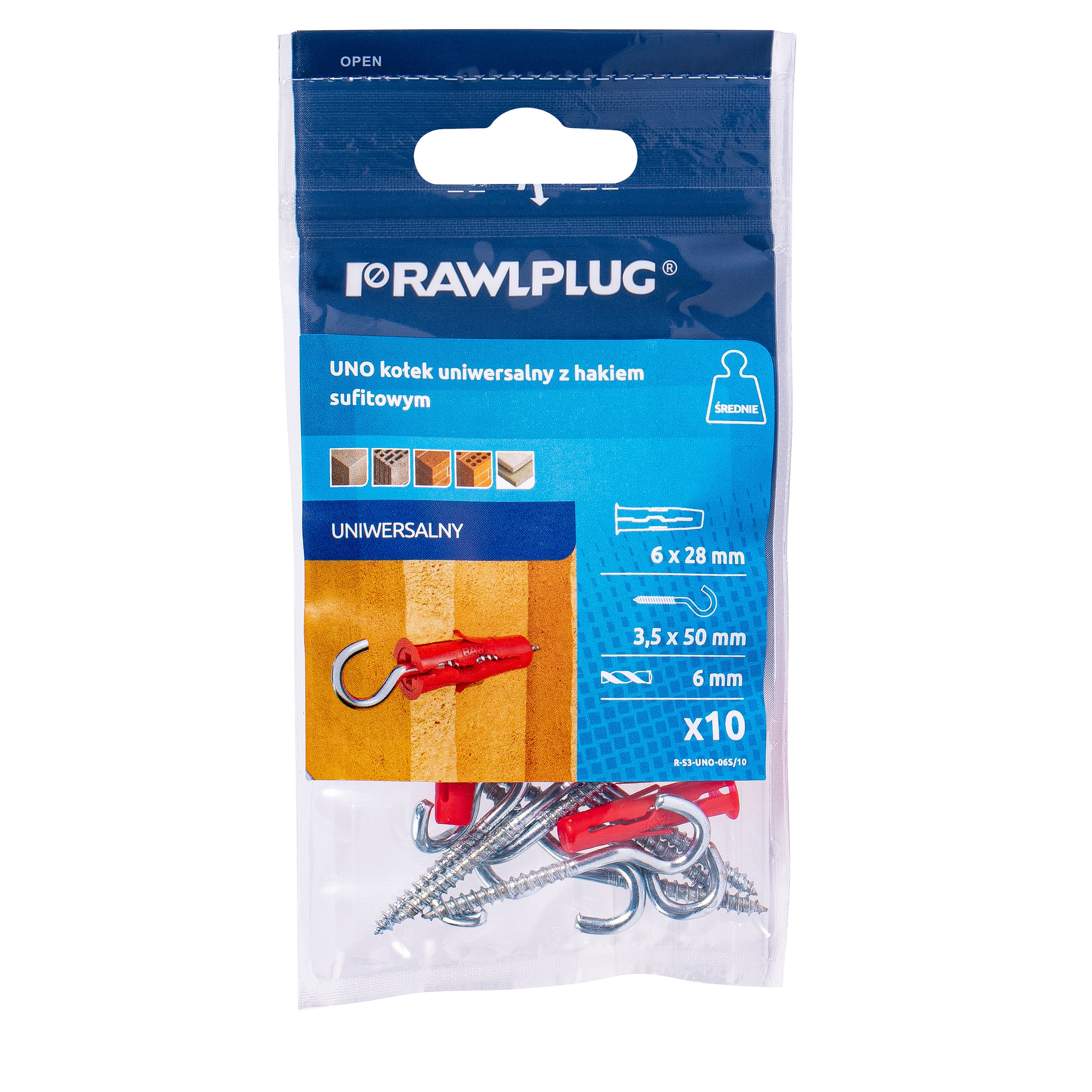 Kołek uniwersalny UNO 6x28 mm z hakiem sufitowym (10 szt.) 1