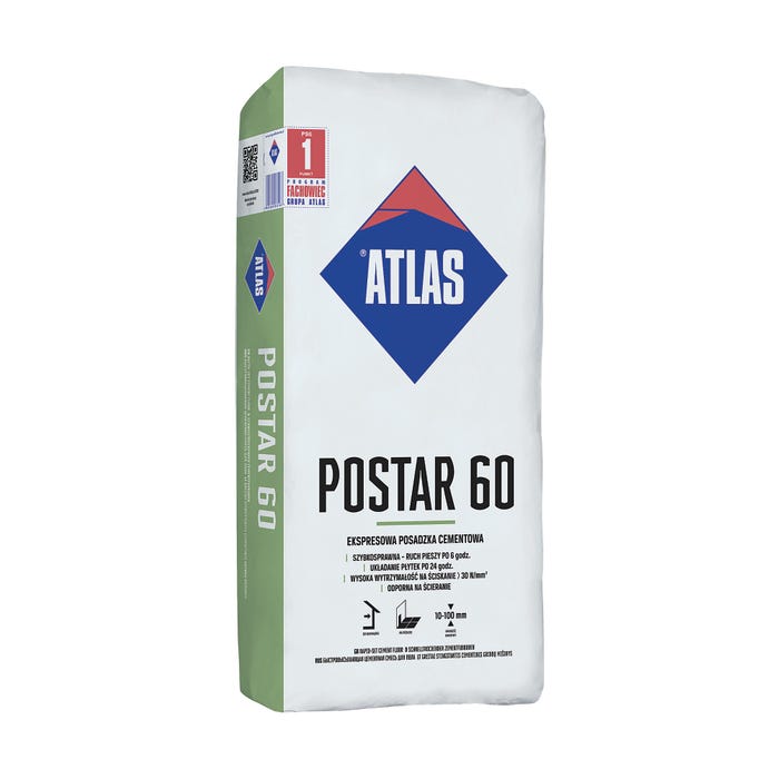 Posadzka cementowa Atlas Postar 60, CT-C30-F5-A9 25 kg, ekspresowa, 10-100 mm