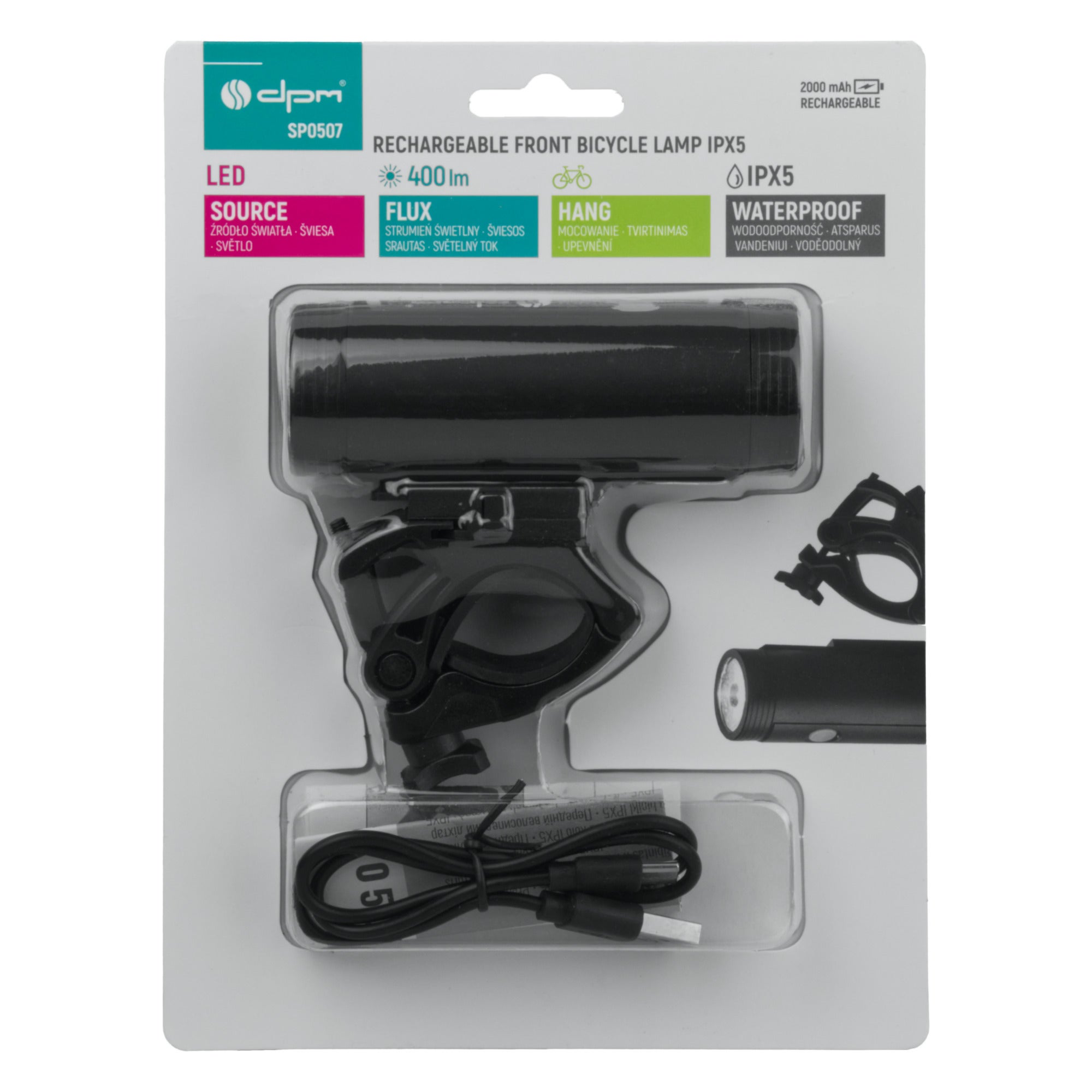 Latarka rowerowa akumulatorowa 400lm 2Ah USB-C IPX5 5