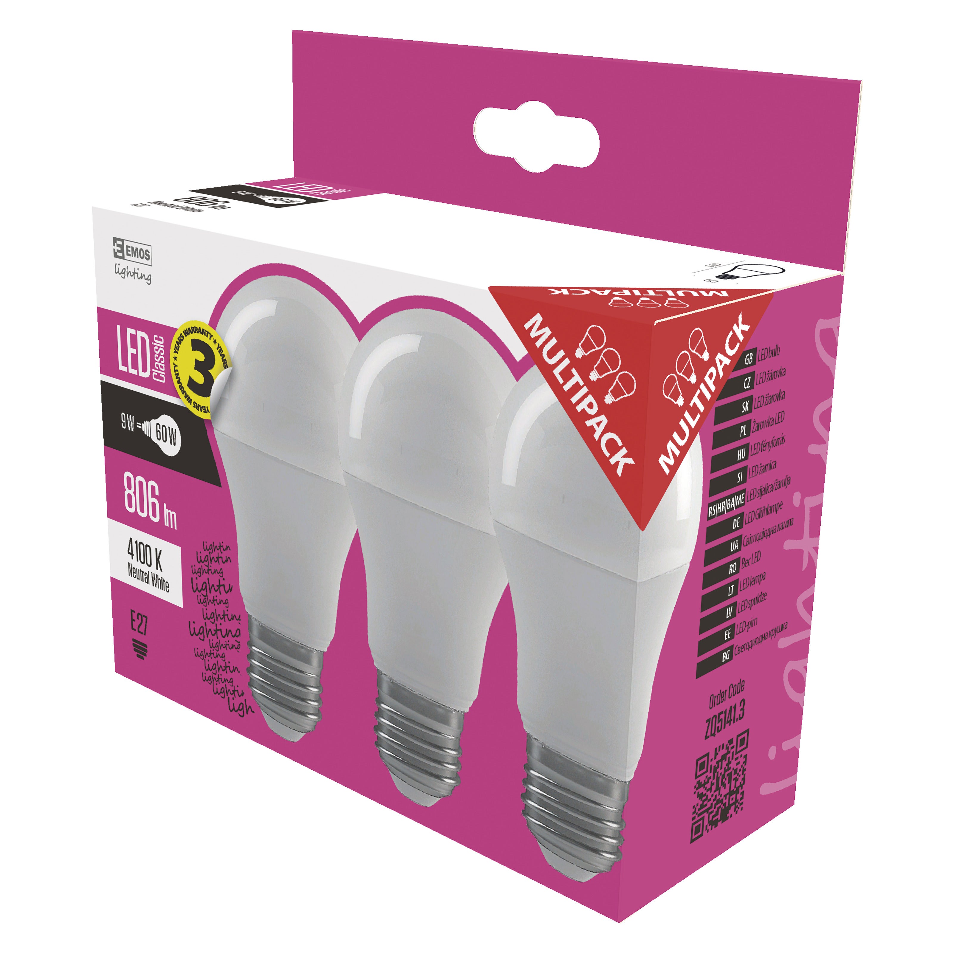 3x żarówka LED E27 A60 7W 806lm 4000K 2