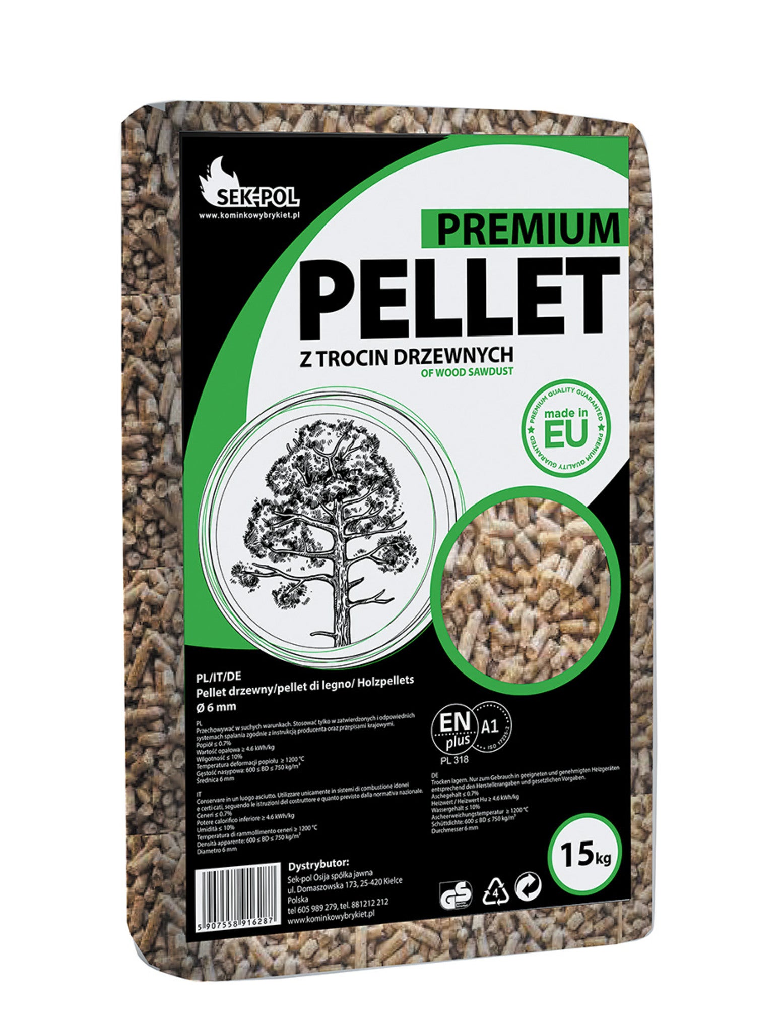 Pellet Premium Sek Pol 16,9 MJ 15 kg 0
