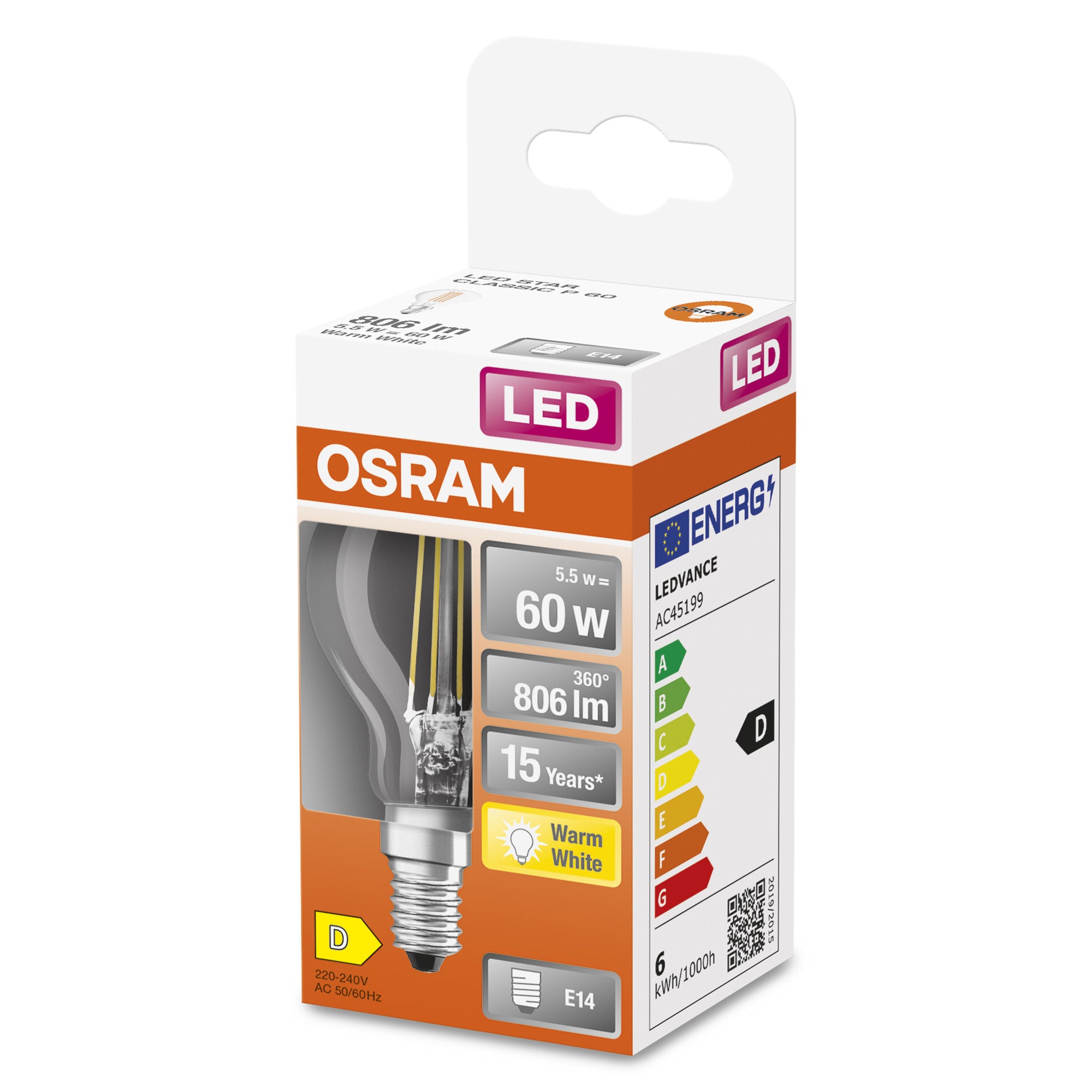 Żarówka LED typu filament E14, kulka, 5,5W, 806Lm, 2700K, OSRAM