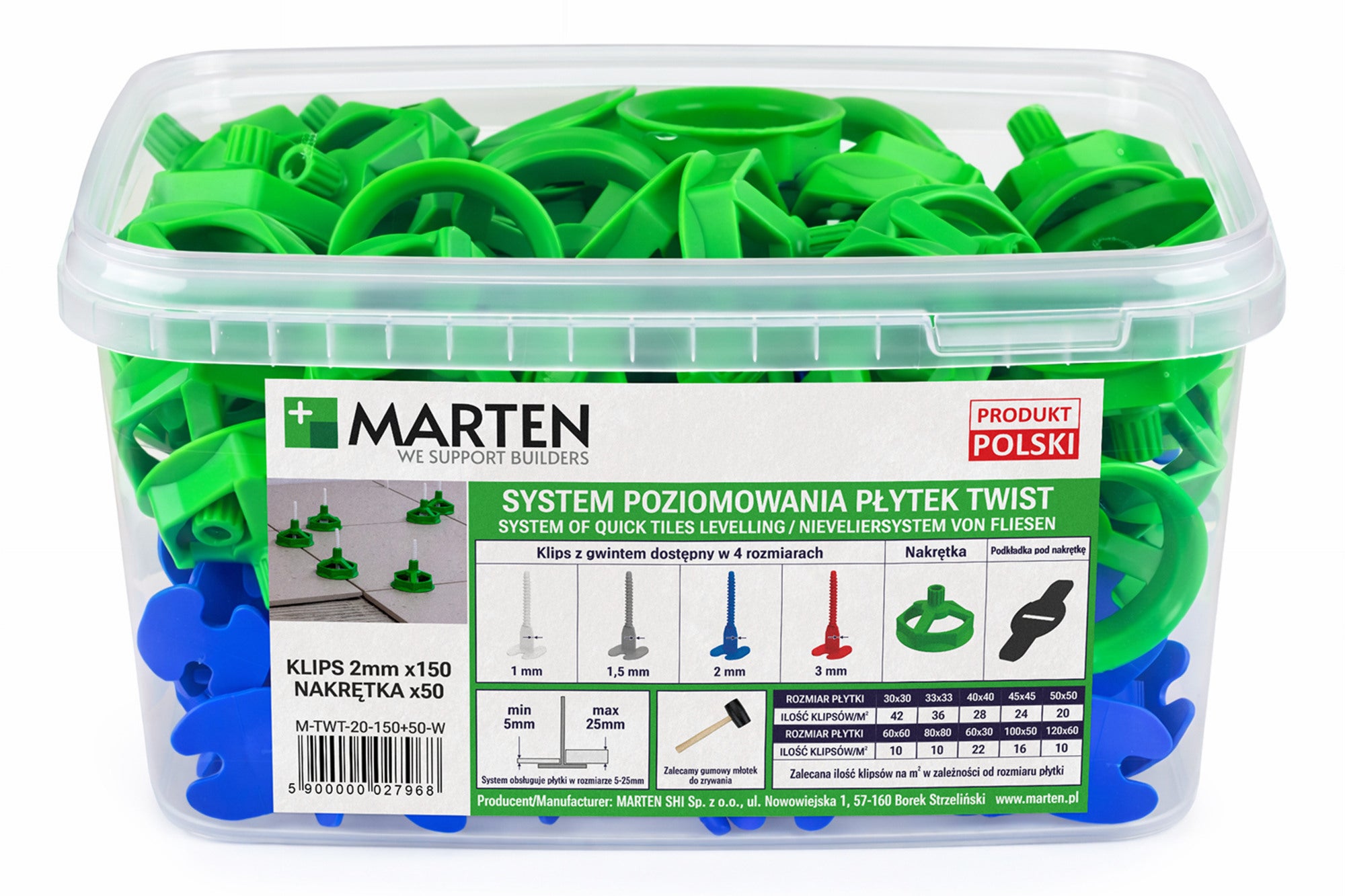 Marten system poziomowania Twist Gwint 2 mm 150 sztuk + nakrętka 50 sztuk 