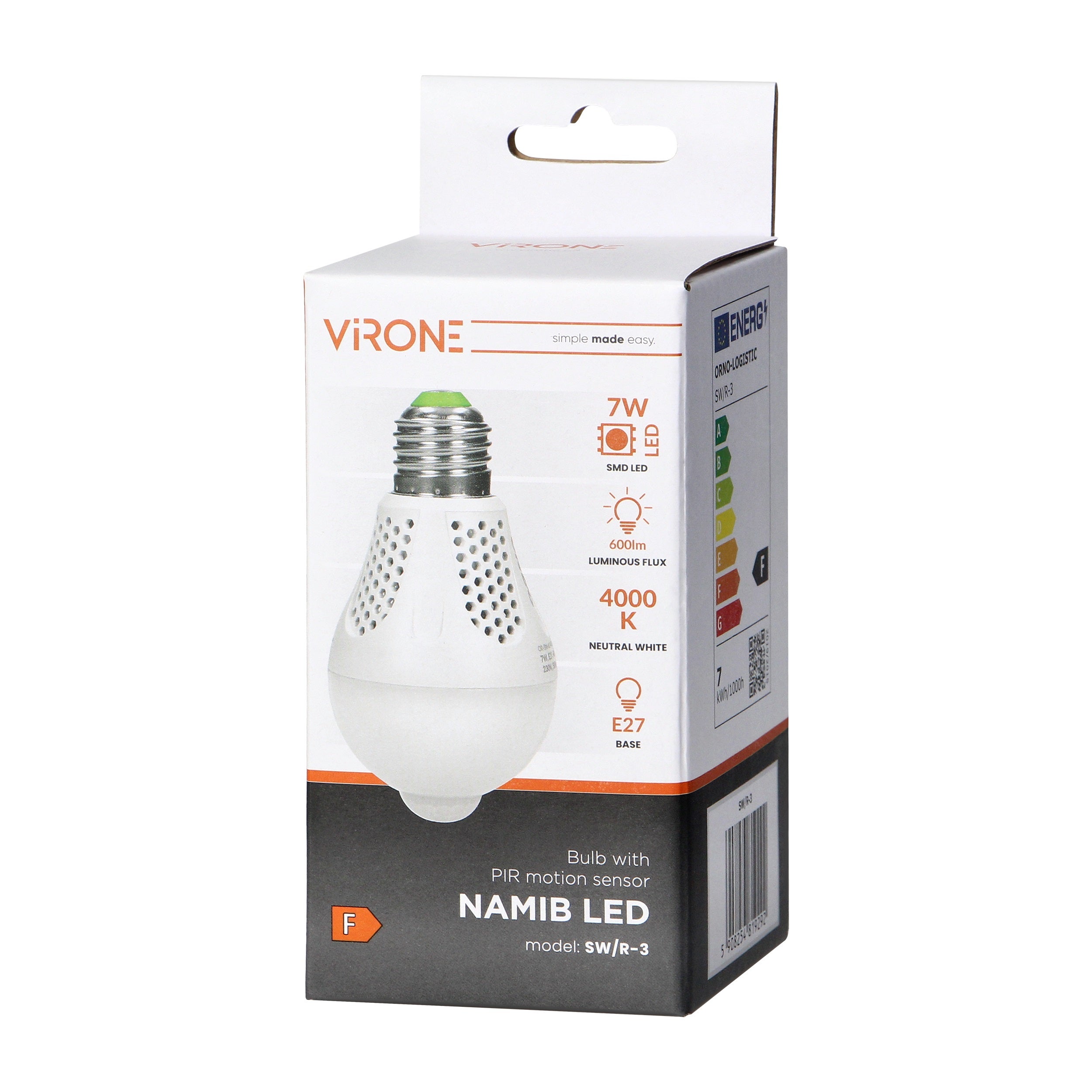 Żarówka LED E27 z czujnikiem ruchu PIR A60 7W 600LM 4000K, <20lx 60sec 10m 3