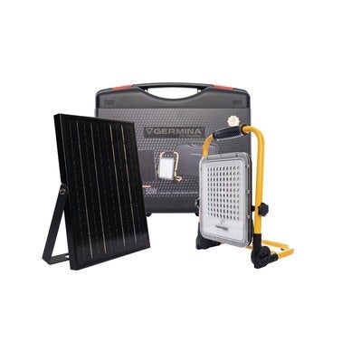 Naświetlacz akumulatorowy Herkules z walizką i panelem fotowoltaicznym zasilanie hybrydowe (solarne + z ładowarki), 50W, 1400Lm, IP65, rama z uchwytem, czas ładowania za pomocą panelu PV 6h, bateria 10000mAh, możliwość montażu na statywie 1