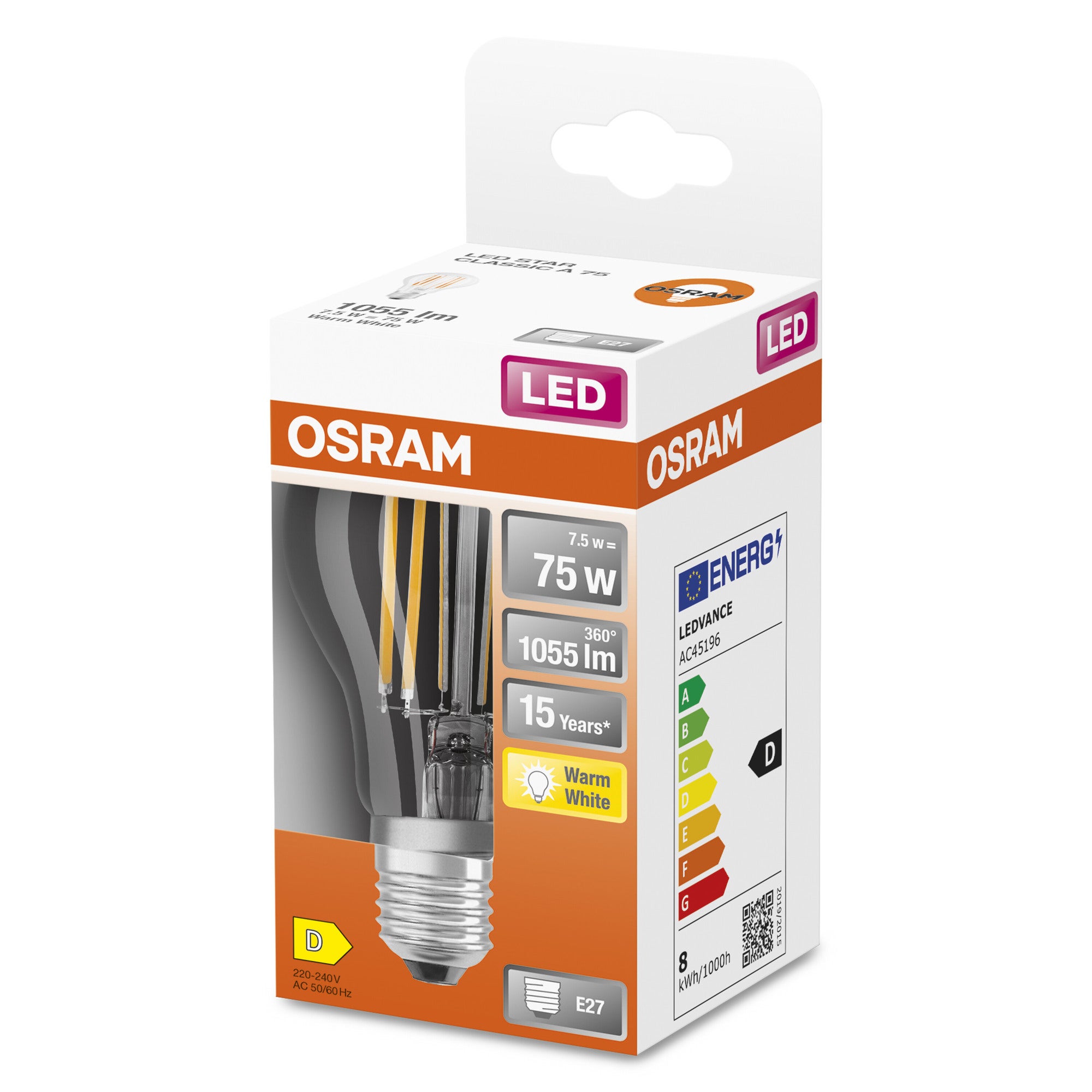 Żarówka LED typu filament E27, standardowa bańka, 7,5W, 1055Lm, 2700K, OSRAM