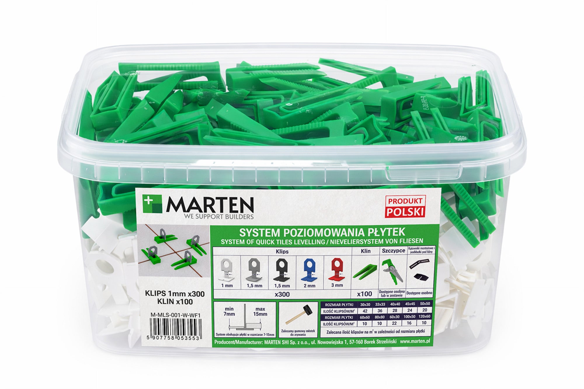 System poziomowania MIX: klipsy białe 1mm 300 szt. + kliny zielone 100 szt.