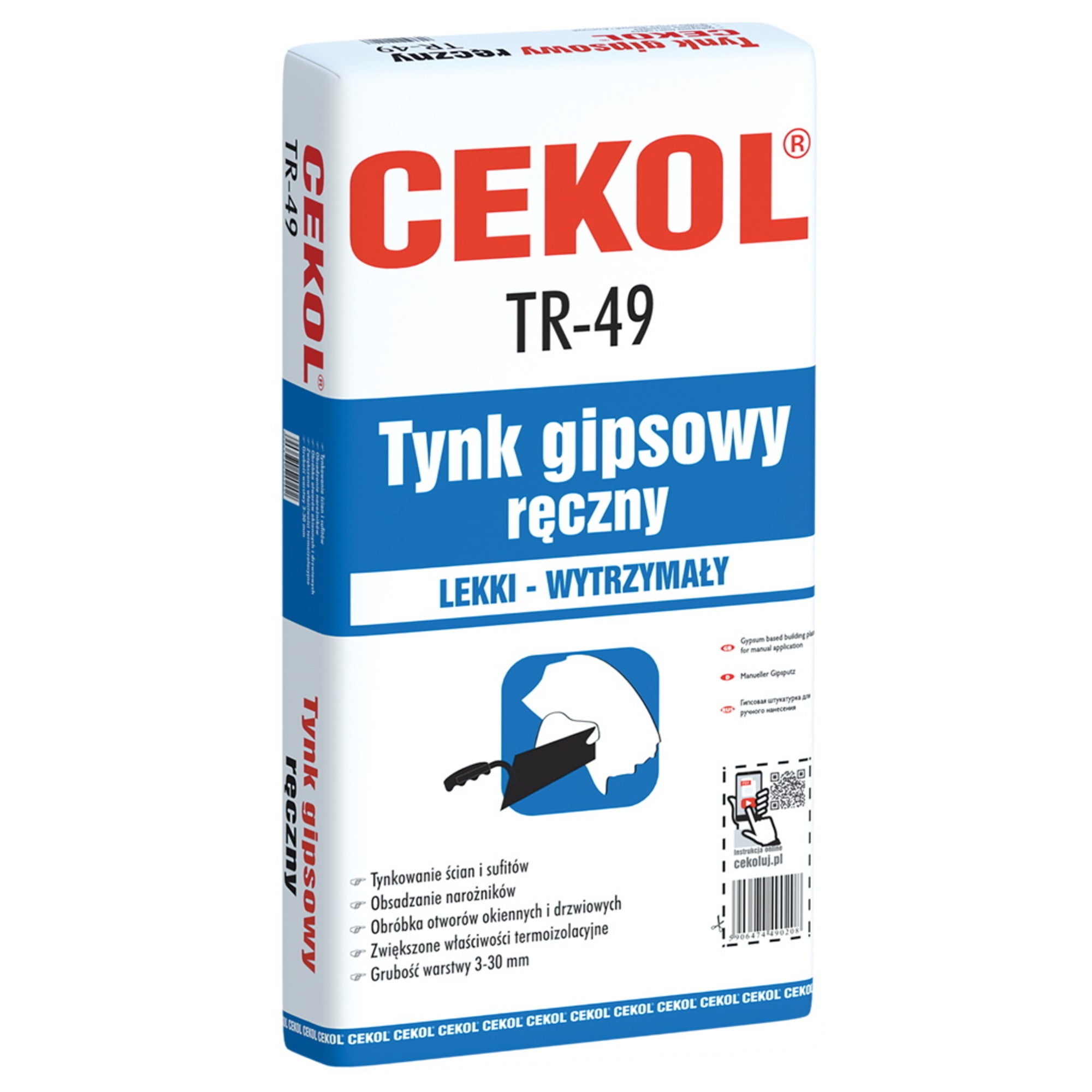 Tynk gipsowy ręczny Cekol TR-49 20 kg 0