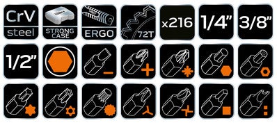 Zestaw kluczy nasadowych 1/2", 3/8", 1/4" 10-216 NEO, 216 szt. 4