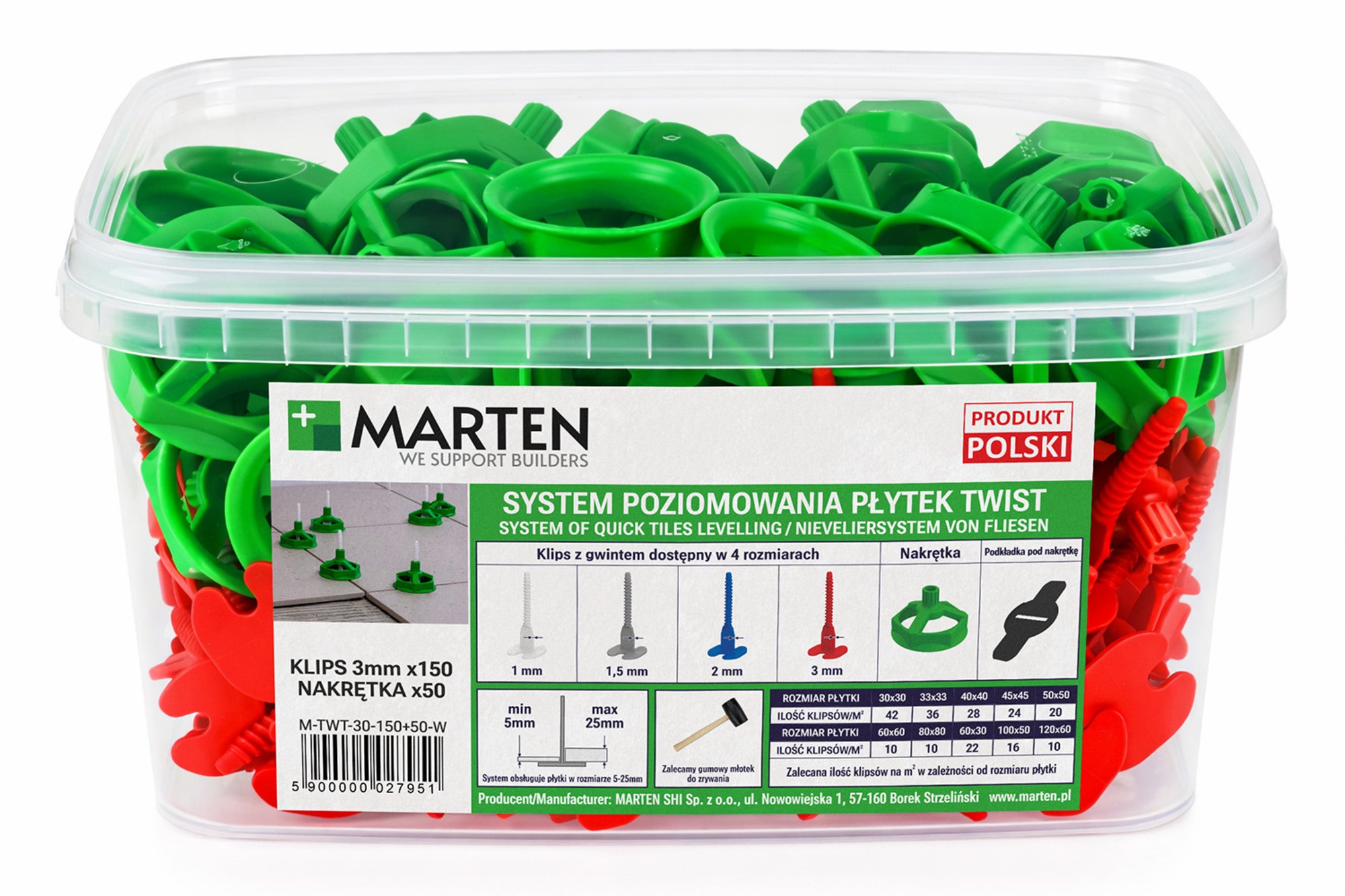 Marten system poziomowania Twist Gwint 3 mm 150 sztuk + nakrętka 50 sztuk