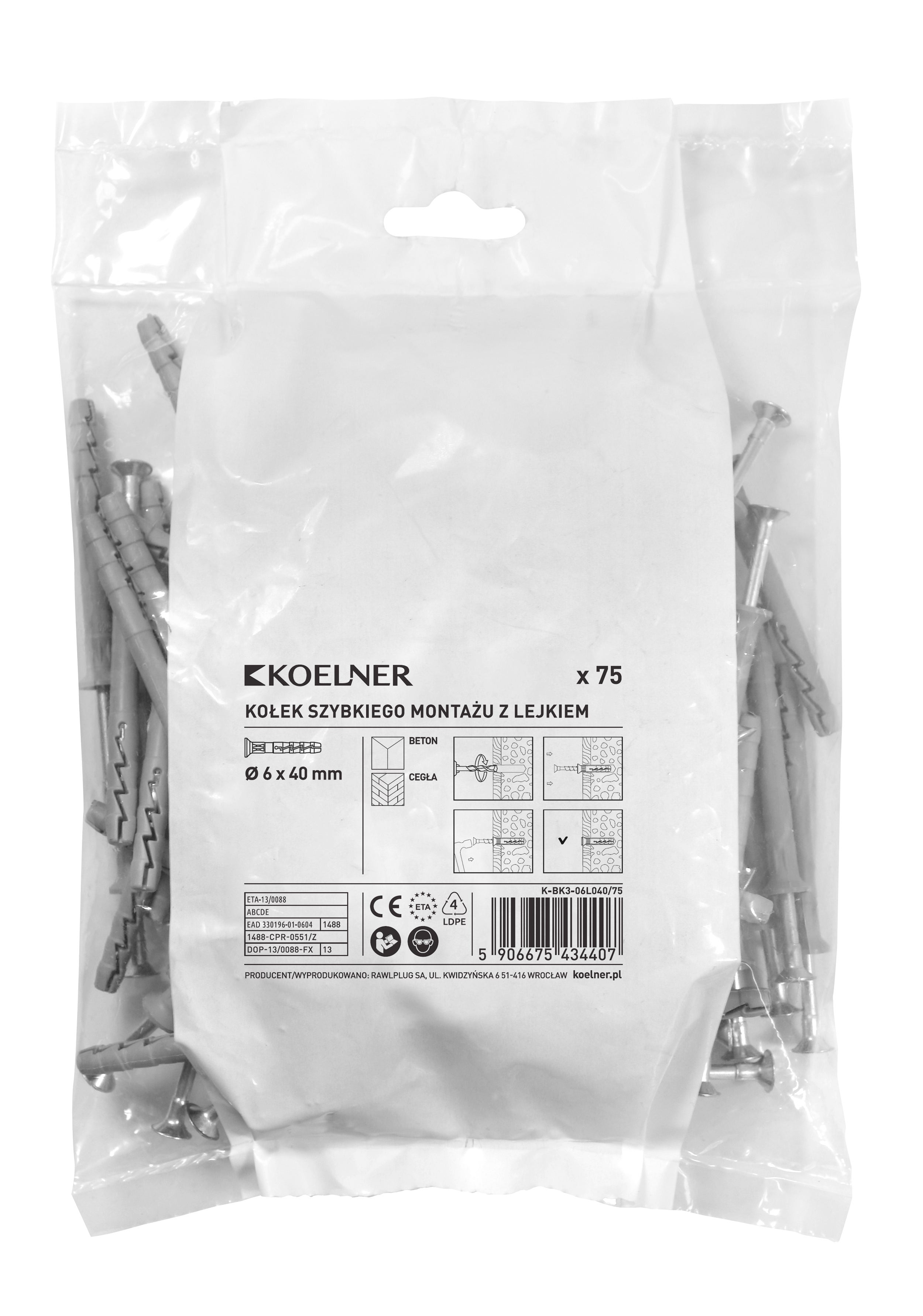 Kołek szybki montaż 6x40mm z kołnierzem lejącym (75 szt.) 2