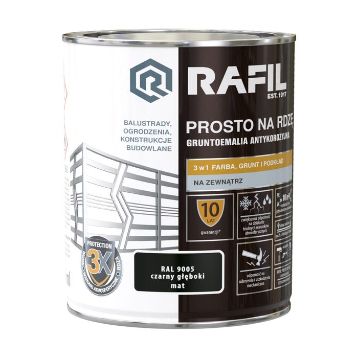Farba na rdzę Rafil czarny głęboki RAL9005 mat 0,75l