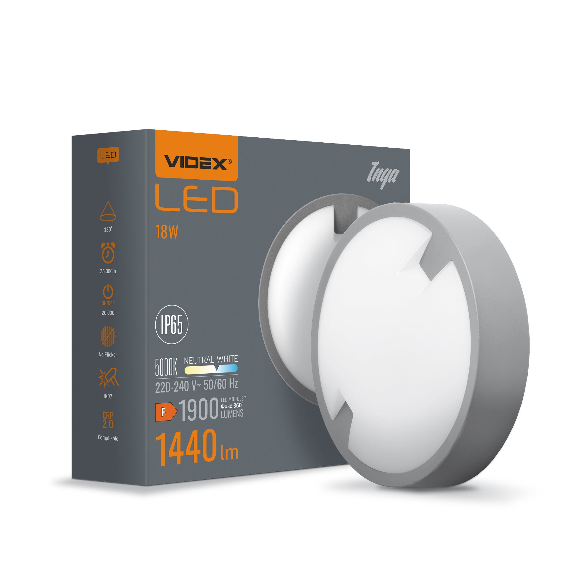 Plafon LED Inga 18W 1440lm 5000K IP65 szary 2