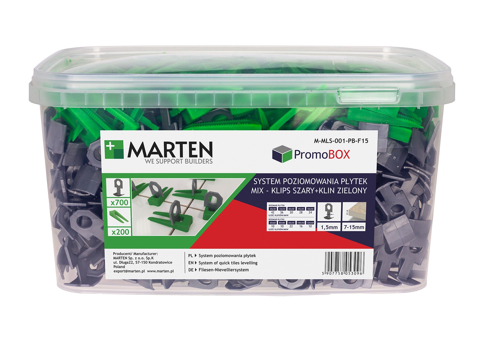 System poziomowania: kliny 200 szt. + klipsy 1.5mm 700 szt. 1