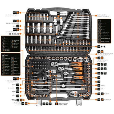 Zestaw kluczy nasadowych 1/2", 3/8", 1/4" 10-216 NEO, 216 szt. 3