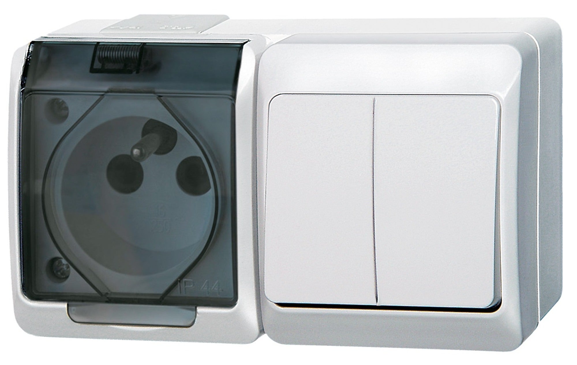 Hermes biały łacznik podwójny/ schodowy + gniazdo z uziemieniem IP44