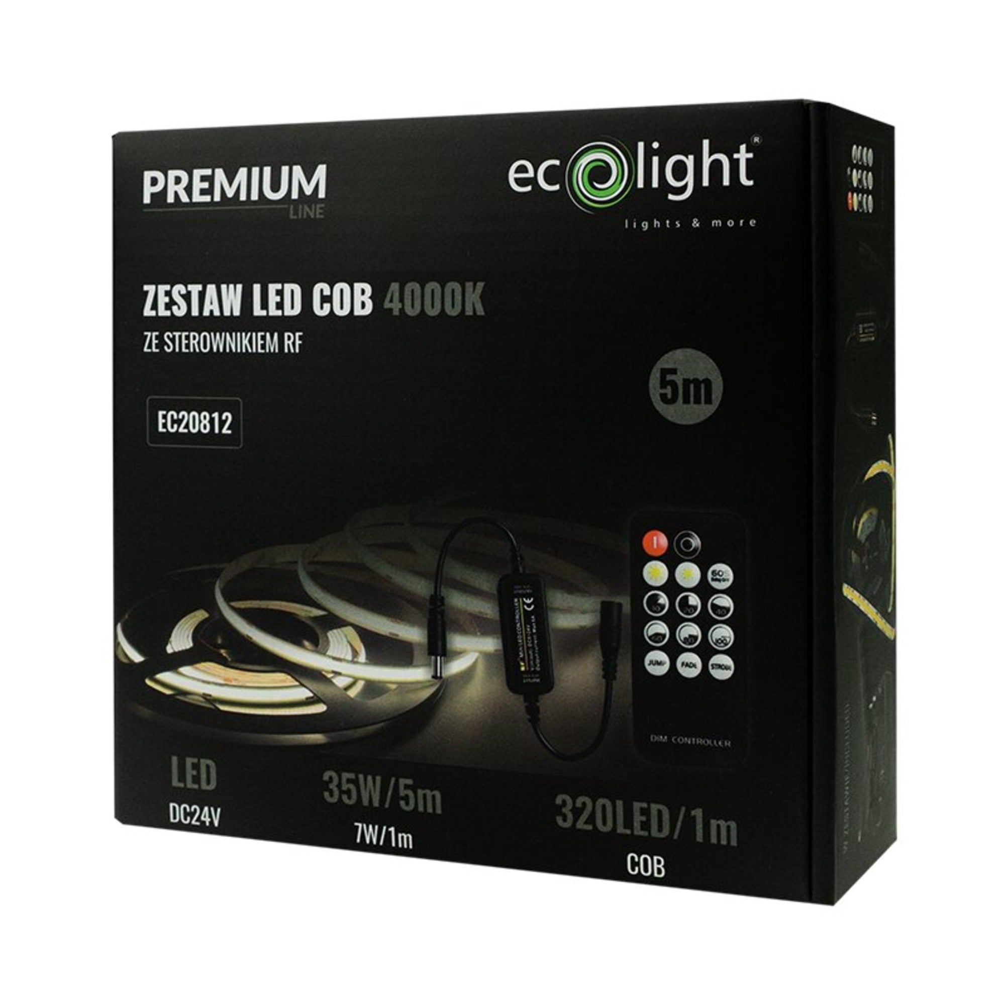 Zestaw taśma LED COB 35W 630lm/m 4000K IP20 5m + zasilacz + pilot