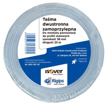 Taśma dwustronna samoprzylepna Rigips/Isover do montażu paroizolacji dł. 25 m, szer. 38 mm