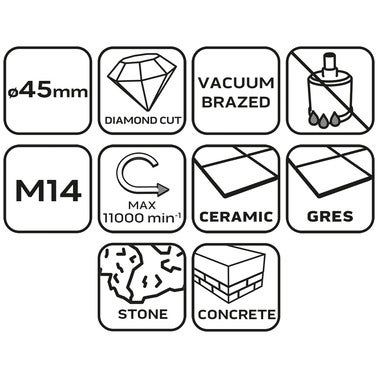 Otwornica diamentowa NEO TOOLS do pracy na sucho, 45 mm, uchwyt M14 1