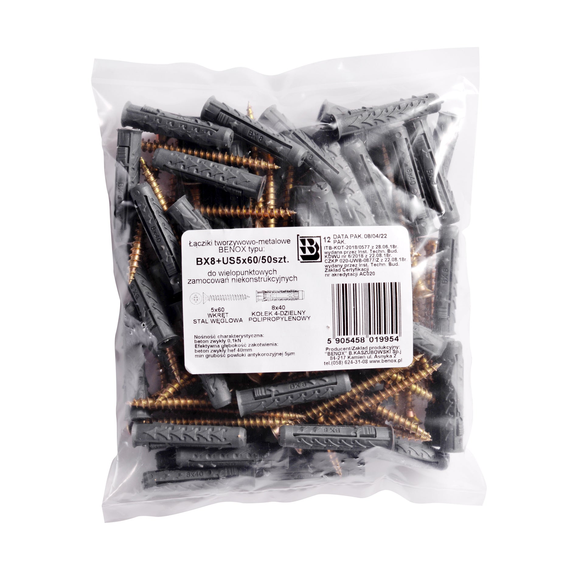 Kołek rozporowy fi 8 z wkrętem 5.0x60 mm (50 szt.) 1