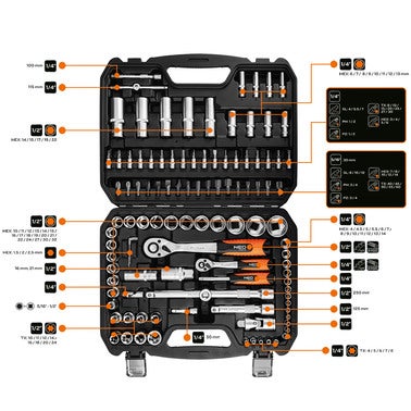 Zestaw kluczy nasadowych 1/2", 1/4" 10-212 NEO, 108 szt. 2
