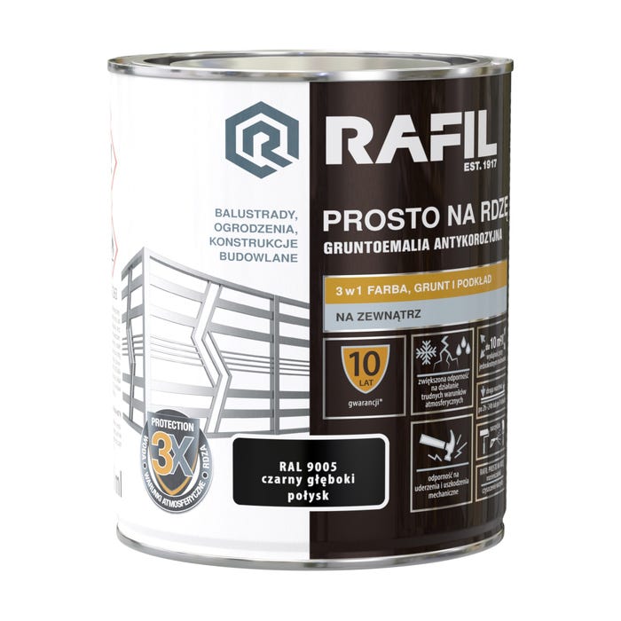 Farba na rdzę Rafil czarny głęboki RAL9005 połysk 0,75l