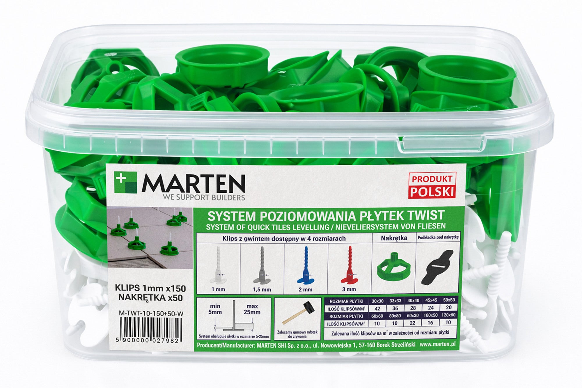 Marten system poziomowania Twist Gwint 1 mm 150 sztuk + nakrętka 50 sztuk 