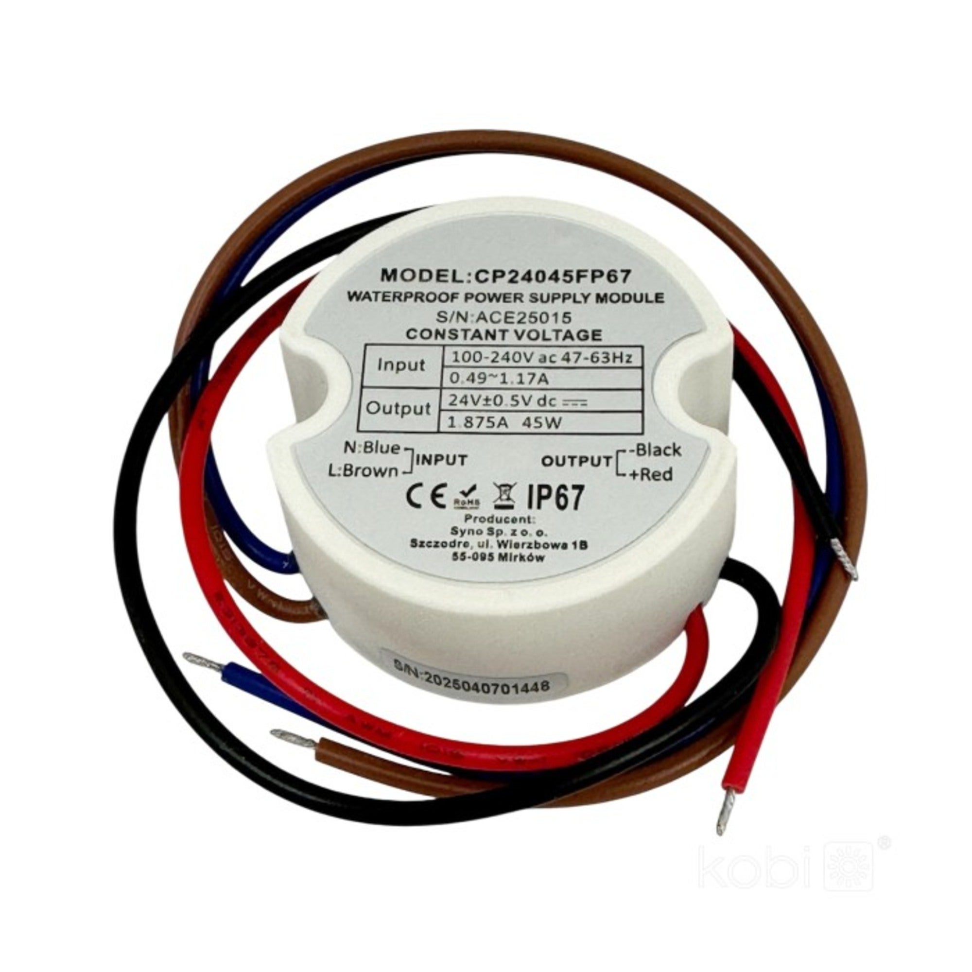 Zasilacz do taśm LED 45W 24V IP67 po puszki fi 60 mm