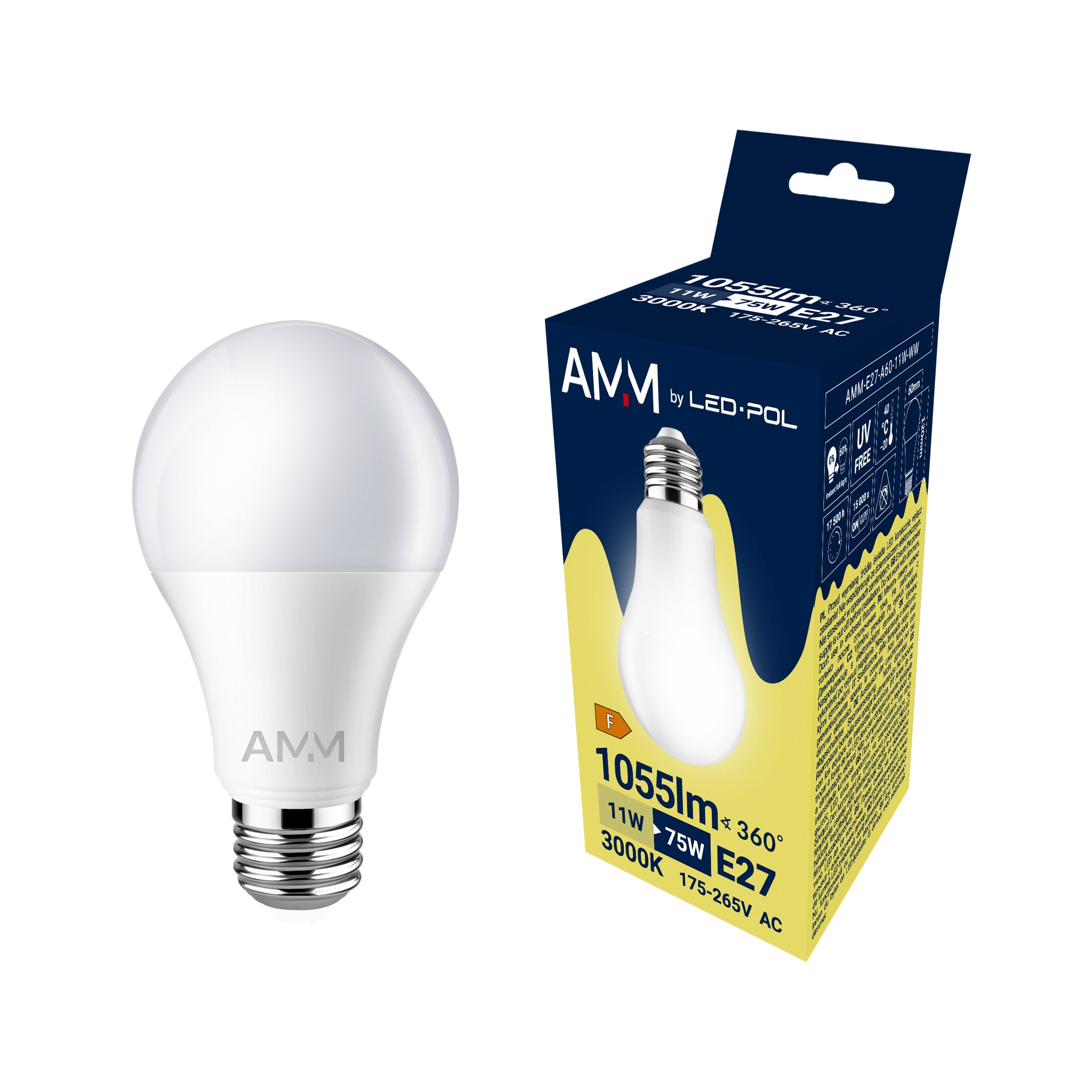 Lampa LED E27 A60 11W 1055Lm 3000K 240° Fi60x111, klasa energetyczna  F 2