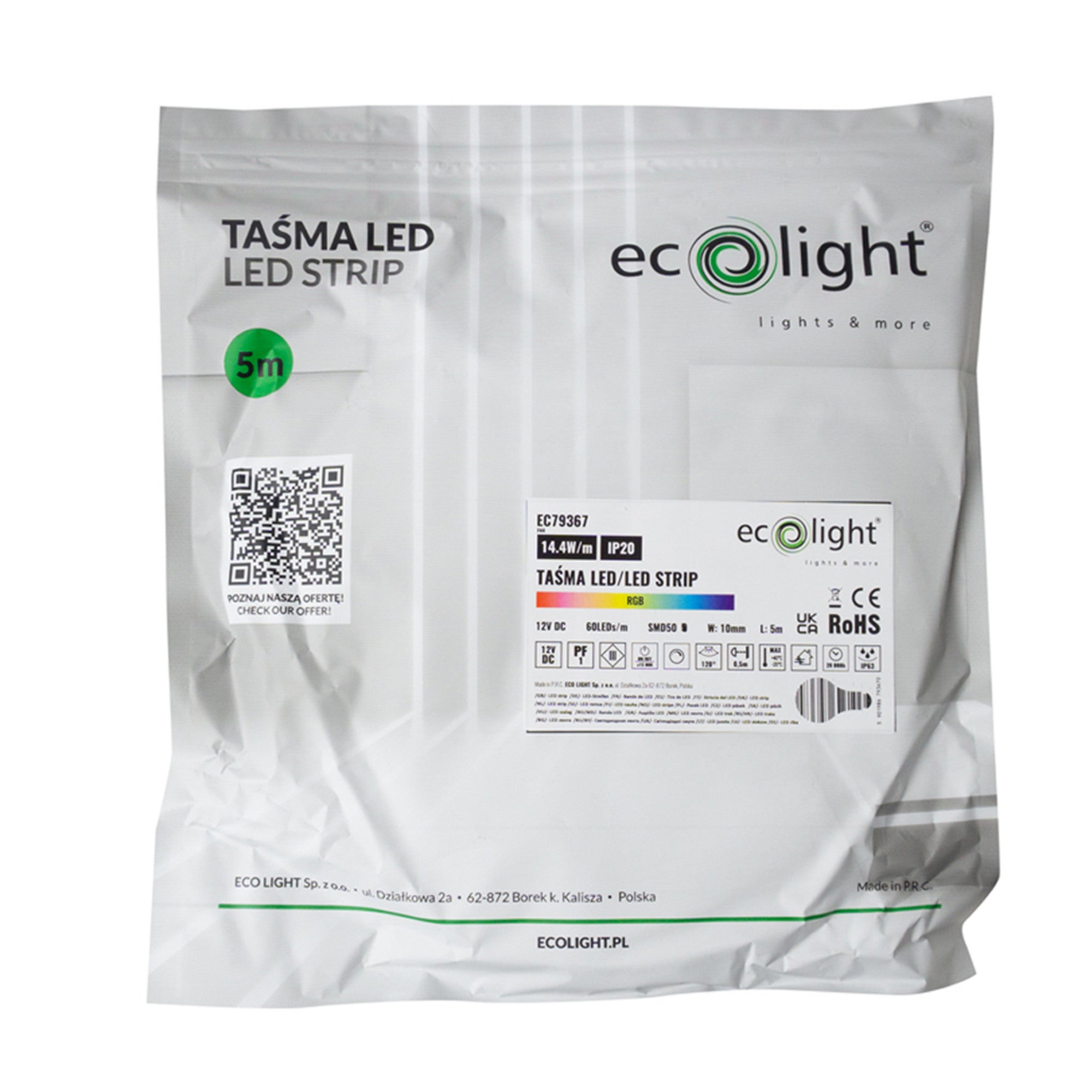 Taśma LED 12V SMD RGB 14,4W/m IP20 5m