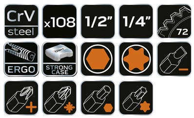 Zestaw kluczy nasadowych 1/2", 1/4" 10-212 NEO, 108 szt. 4