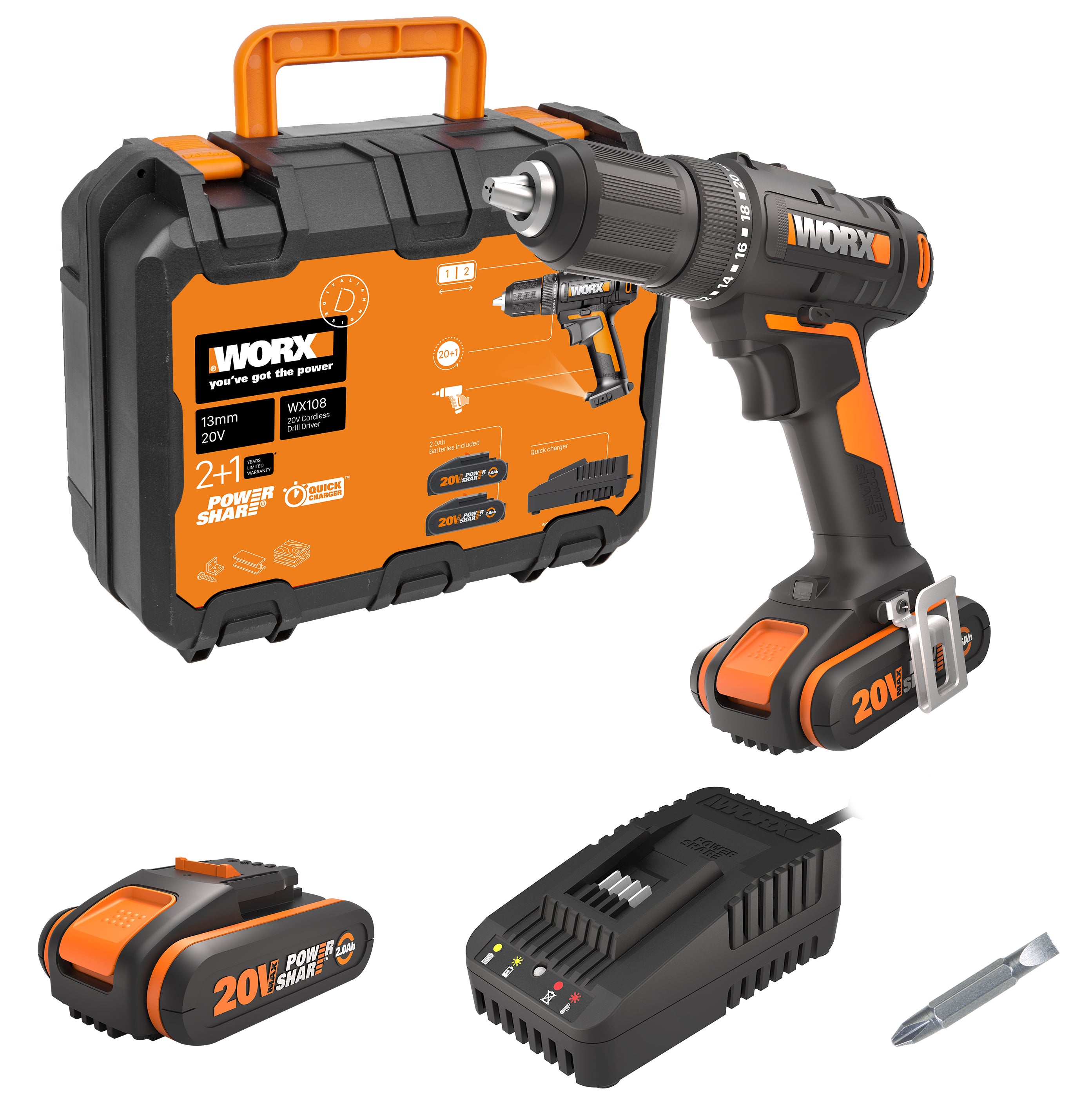 Wiertarko-wkrętarka 20V WX108 Worx / 2 x 2,0Ah 1