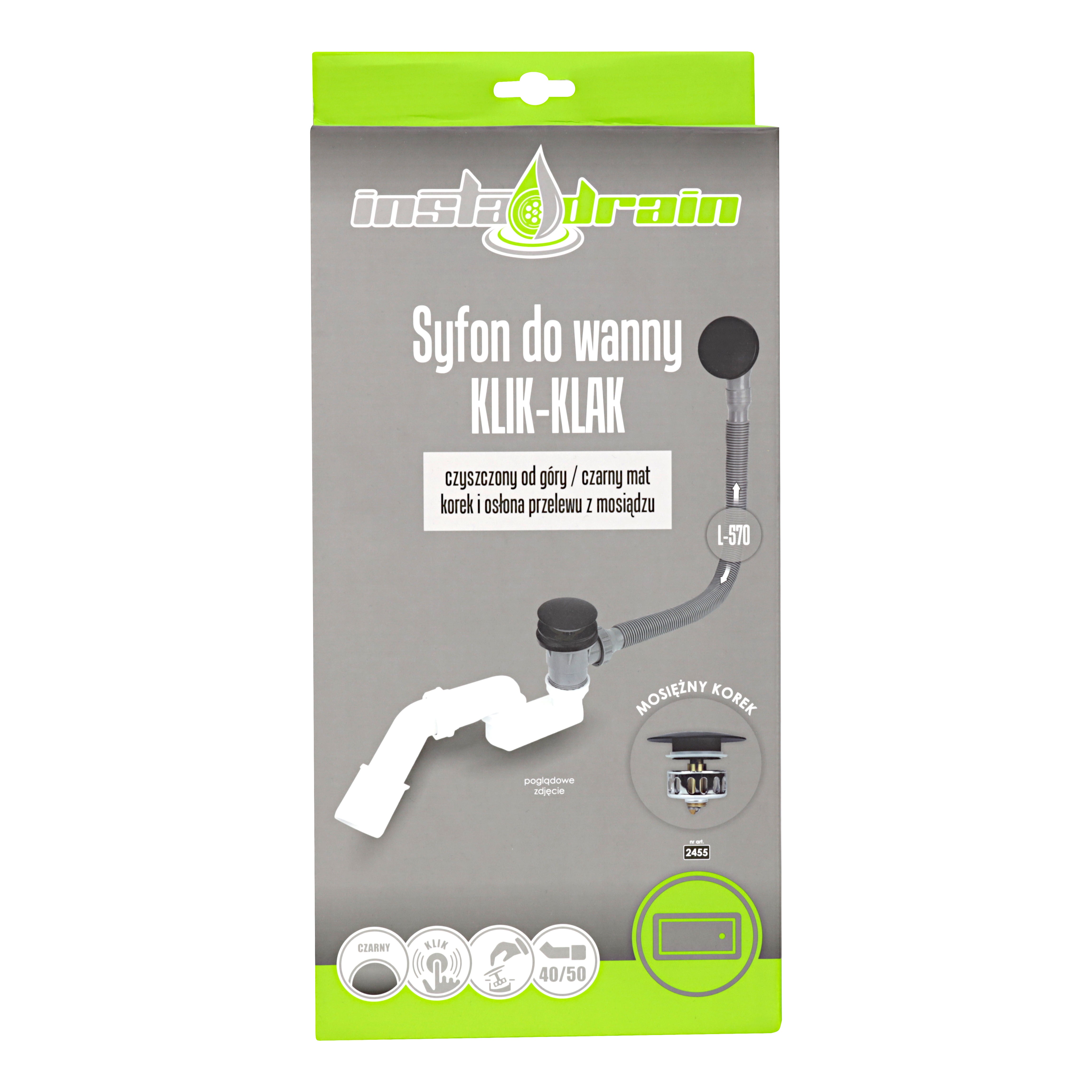 Syfon wannowy klik-klak, czyszczony od góry, czarny matowy 2