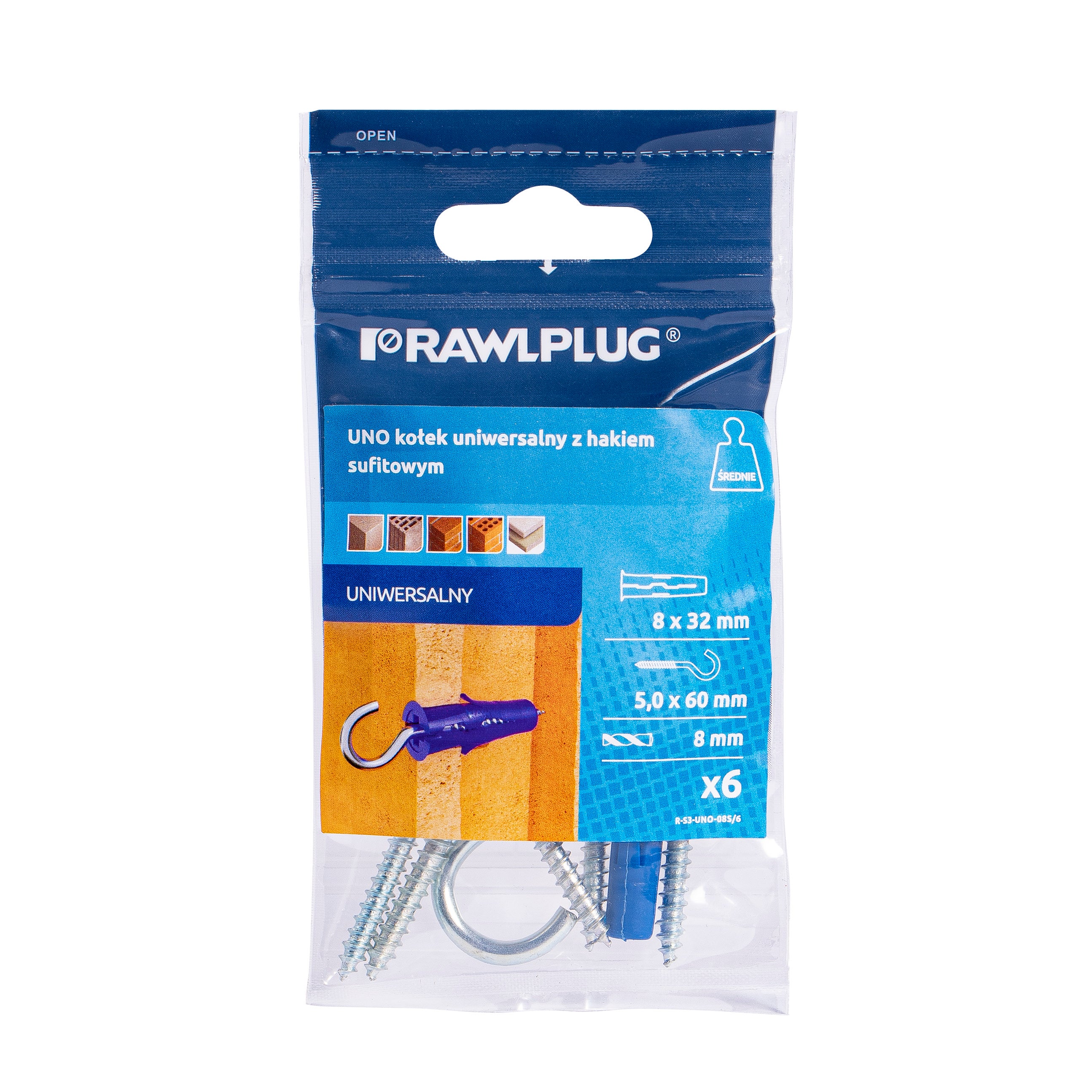 Kołek uniwersalny UNO 8x32 mm z hakiem sufitowym (6 szt.) 1