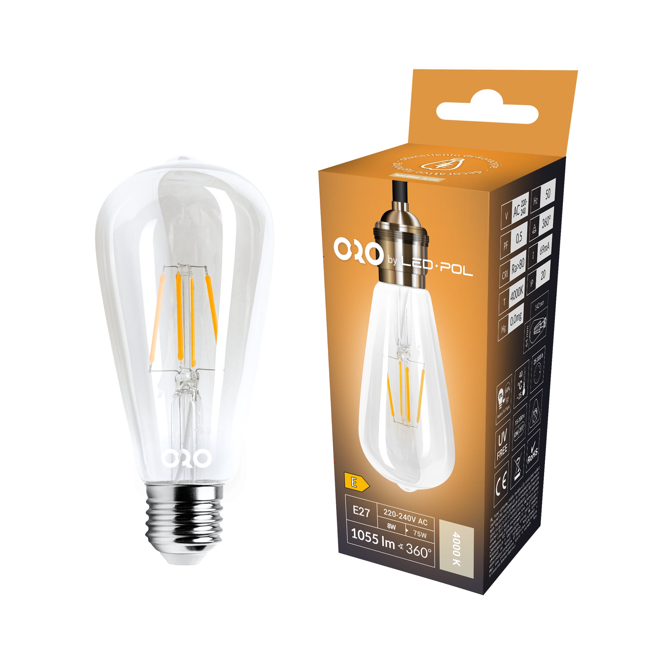 Żarówka LED E27 filament ST64 8W 1055lm 4000K 2