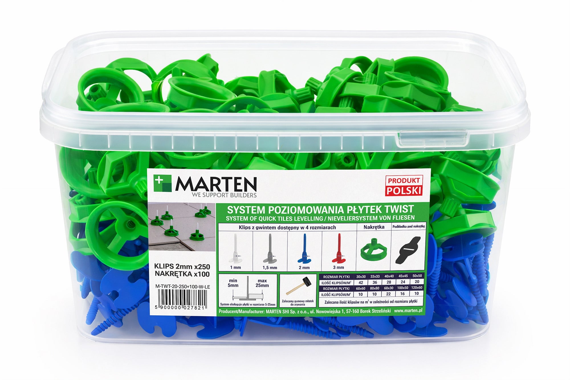 Marten system poziomowania Twist Gwint 1,5 mm 250 sztuk + nakrętka 100 sztuk 
