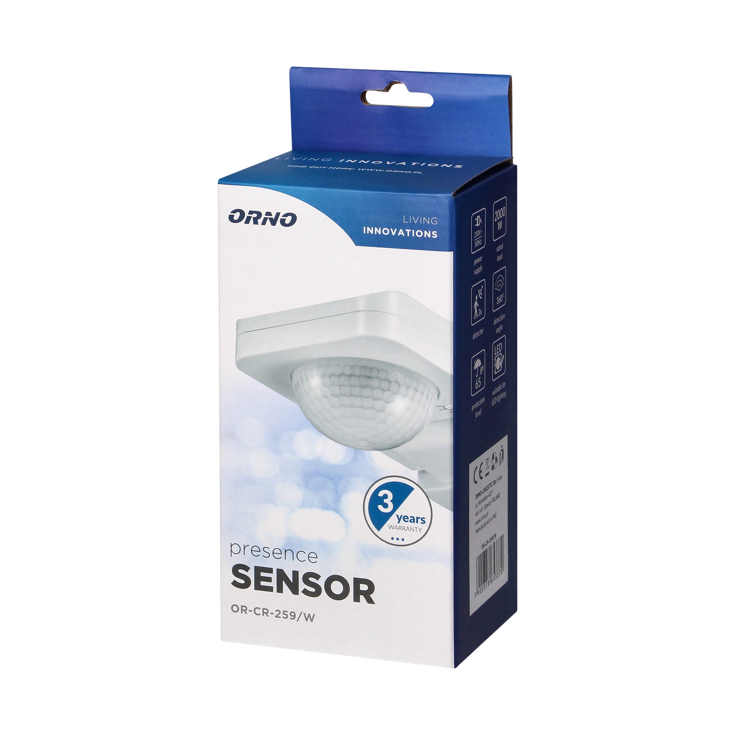 Czujnik ruchu 360 stopni, IP65, max 2000W, max zasięg 20metrów, kolor biały 3