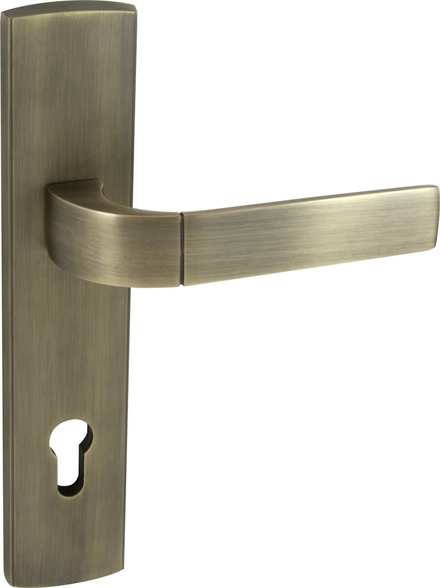 Klamka Focus z długim szyldem na wkładkę patyna