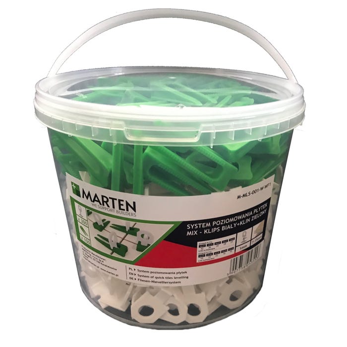 System poziomowania MIX: klipsy białe 1mm 300 szt. + kliny zielone 100 szt.