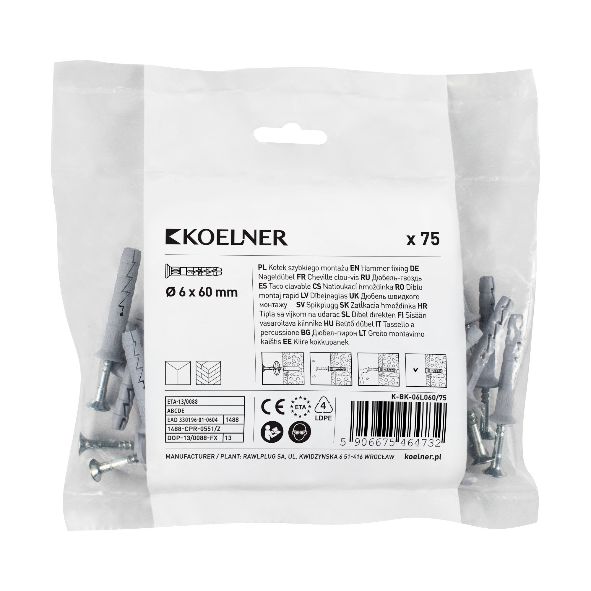 Kołek szybki montaż 6x60 mm z kołnierzem lejącym (75 szt.) 0