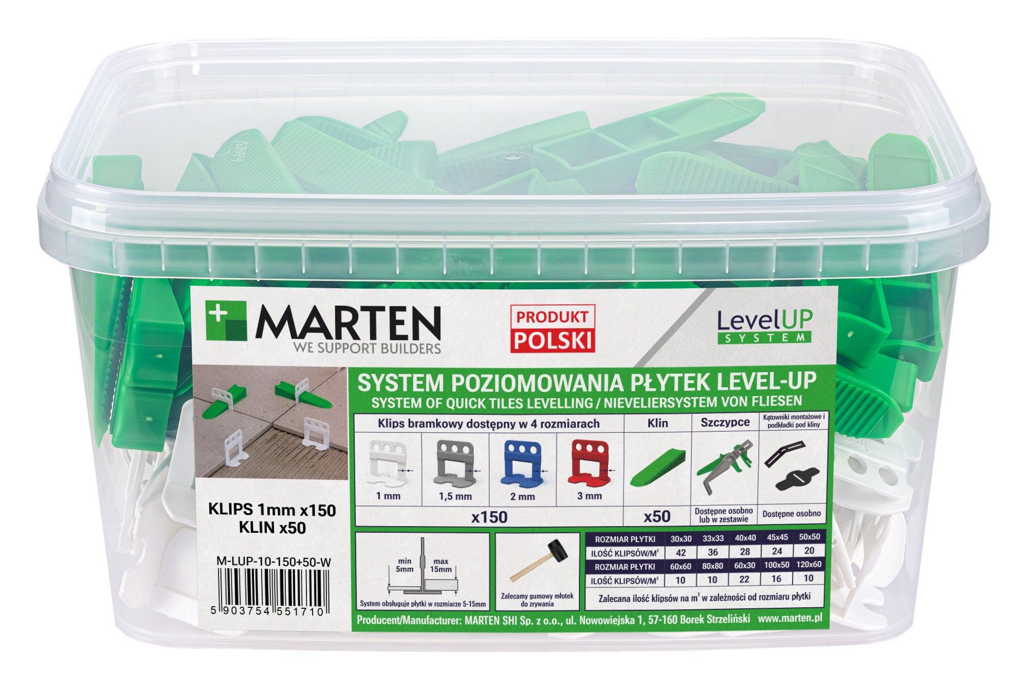 Marten system poziomowania Level Up bramka 1mm 150 sztuk + klin 50 sztuk  