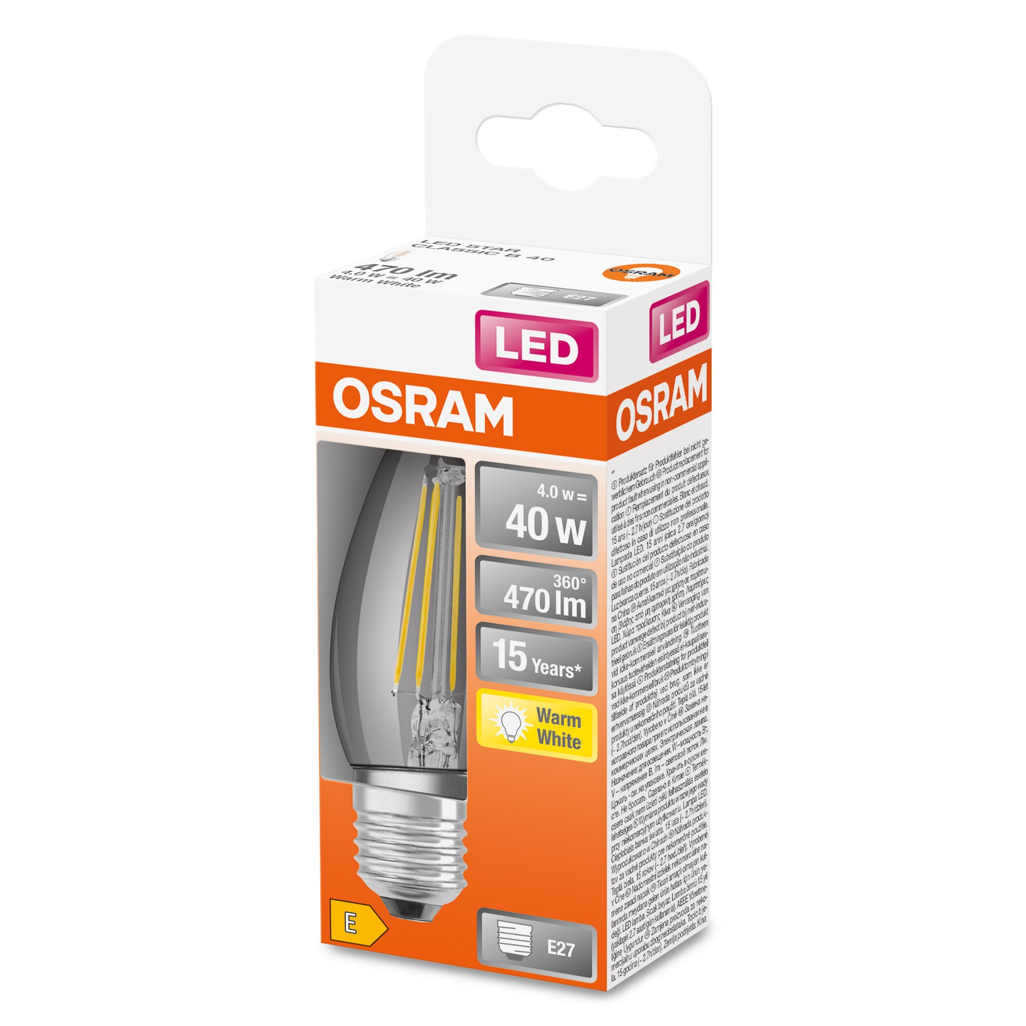 Żarówka LED typu filament E27, świeczka, 4W, 470Lm, 2700K, OSRAM