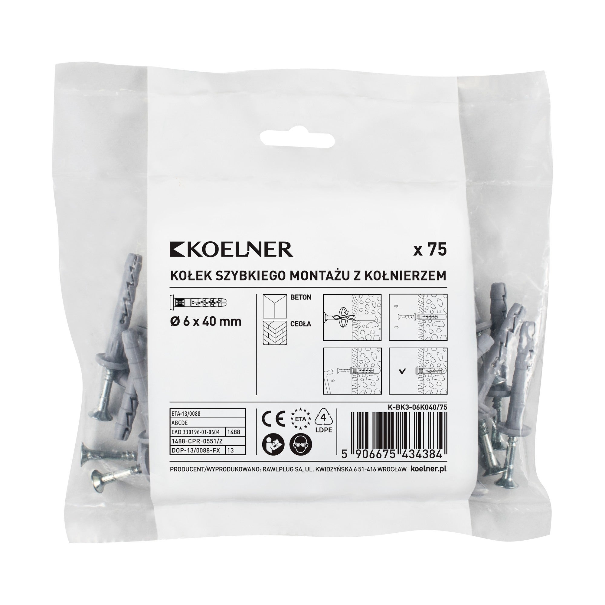 Kołek szybki montaż 6x40 mm z kołnierzem (75 szt.) 0