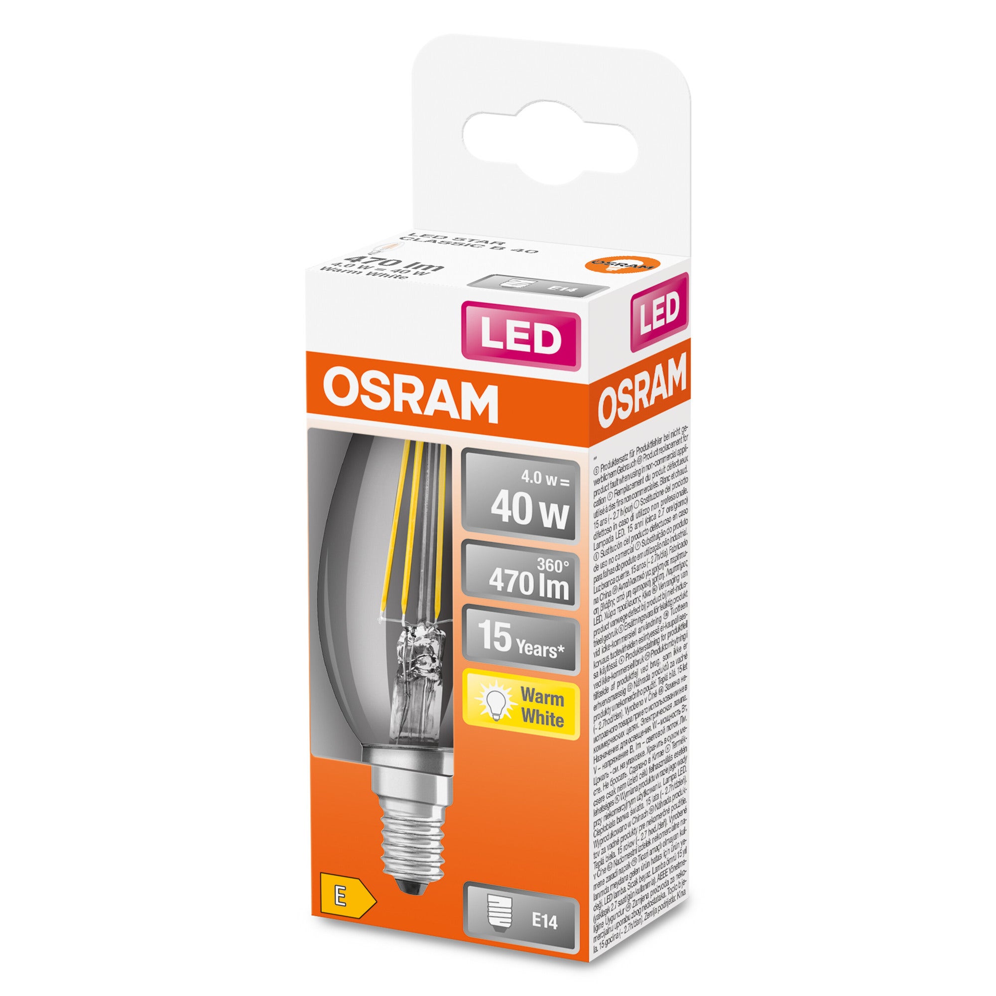 Żarówka LED typu filament E14, świeczka, 4W, 470Lm, 2700K, OSRAM